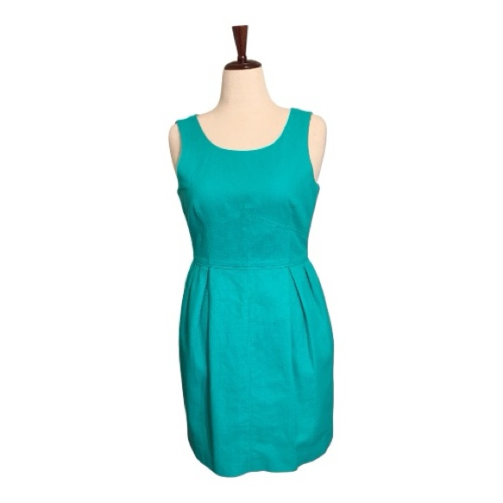 J Crew Cotton Jade Green Mini Sleeveless Dress Zip Back Pockets Round Neck- Sz 6